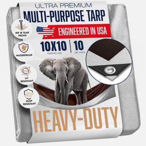 10x10 Heavy Duty Tarp, 10 Mil Thick, High Durability, Tear & Fade Resistant, UV Treated, Grommets Every 18 Inches (10' x '10')