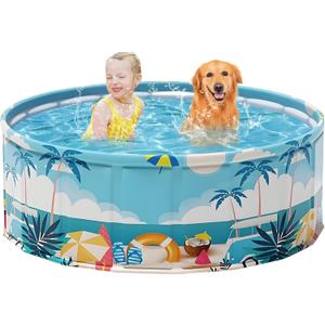Foldable Swimming Pool for Kids 47.2"x17.7" Hard Plastic Portable Dog Pool Anti-Slip Collapsible Pets Bathtub Kiddie Pool Indoor Outdoor Backyard (Beach Party 48'')