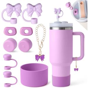 10PCS Stanley Cup Accessories Set, Stanley Accessories Include 2PCS Bow Straw Covers, 1 Cute Bow Handle Charm, 2 Set of 3 Silicone Spill-Proof Stoppers, 1 Silicone Boot Fits Stanleys Cup 40&30Oz (Orchid)