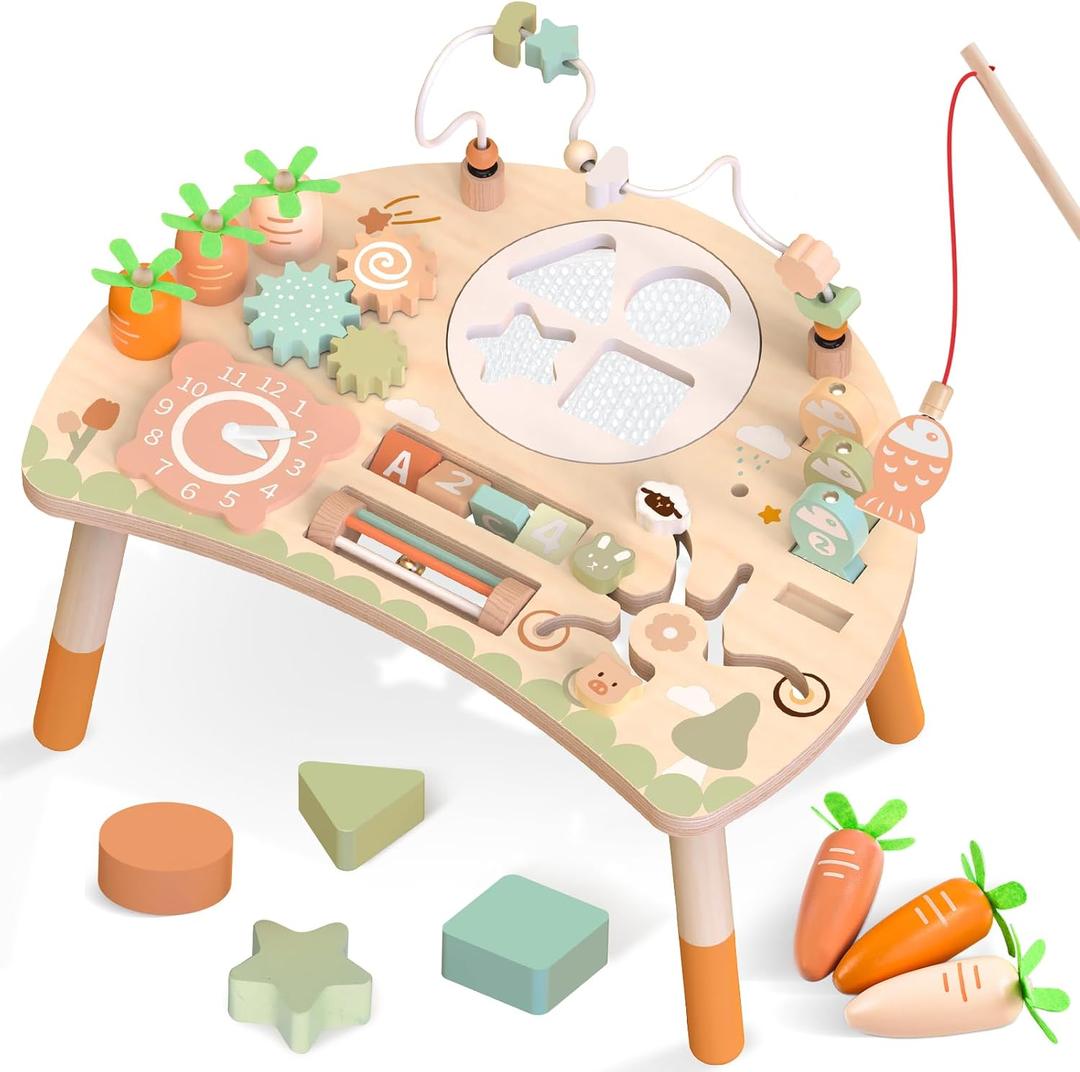 Wooden Activity Table for Toddlers 1-3, 9 in 1 Montessori Sensory Table with Bead Maze Shape Sorter Fishing Game, Baby Activity Center Learning Toys for 1 2 3 Year Old Boys Girls, Small