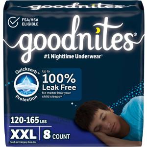 Goodnites Boys' Nighttime Underwear, Size XXL (120-165 lbs), 8 Ct