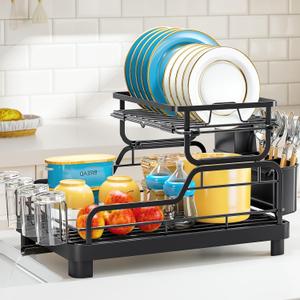 Dish Rack for Kitchen Counter, Large Capacity Dish Drying Racks with Drainboard, Kitchen 2 Tier Over Sink Dish Rack, Countertop Dish Drainer Rack with Removable Cup&Cutlery Holders, 15.7"x12.2"x11.6" (Black)