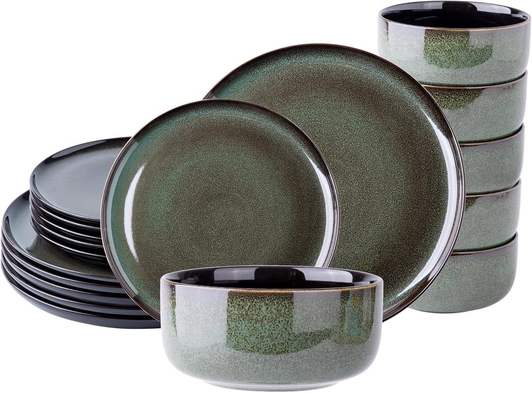 LeRatio Ceramic Dinnerware Sets for 6,Porcelain Plates and Bowls Sets,Handmade Reactive Glaze Dishes Set,Chip Resistant and Scratch Resistant | Oven&Dishwasher & Microwave Safe-Green(18PCS) (Service for 6 (18 Pcs), Modern-Dark Green)