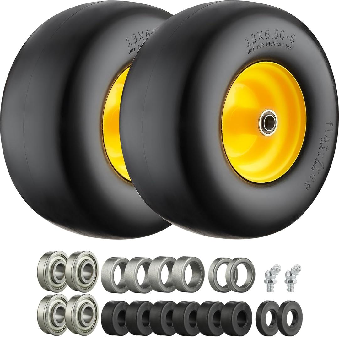 13x6.50-6 Lawn Mower Tires, 13x6.50-6 Tires Flat Free Zero Turn Mower Front Tires with 3/4", 5/8" and 1/2" Bearings, 5.5"- 7.5" Centered Hub, Compatible with Lawn Mower Garden Tractor - 2Pack