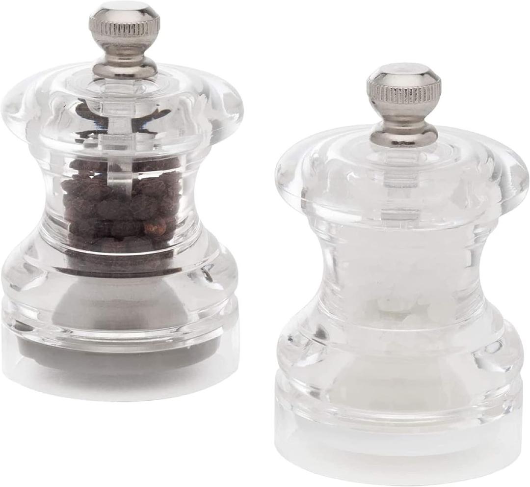 Cole & Mason Button Mini Salt & Pepper Mill Gift Set - Mini Travel Salt & Pepper Grinders - Adjustable Spice Tools - Refillable Salt & Pepper Mills - Hand Wash Kitchen Tool - Clear Acrylic