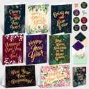 Decorably 24 Pack Gold Foiled 6x4in Happy New Year Cards with Envelopes and Stickers, 8 Elegant Design Happy New Year Greeting Cards with Printed Message Inside