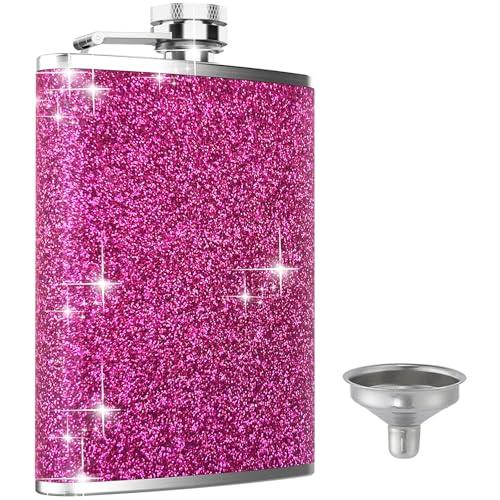 Hip Flask, KIKISML 8Oz Flasks for Liquor Stainless Steel Spirit with Never-Lose Cap and Funnel Leakproof Thin Portable Metal for Camping Outdoor Activitie Wedding Party Gift, Hot Pink