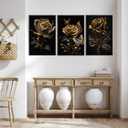 3pcs Black And Gold Rose Wall Art Abstract Plant Flowers Posters Prints Modern Floral Pictures Black Rose And Gold Leaf Canvas Wall Decor for Living Room Bedroom Bathroom Office Decoration Painting