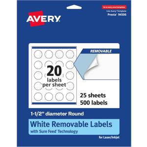 Avery Matte White Removable Round Labels, Sure Feed Technology, Print-to-The-Edge, 1.5" Diameter, 500 Removable Labels, Laser/Inkjet Printable