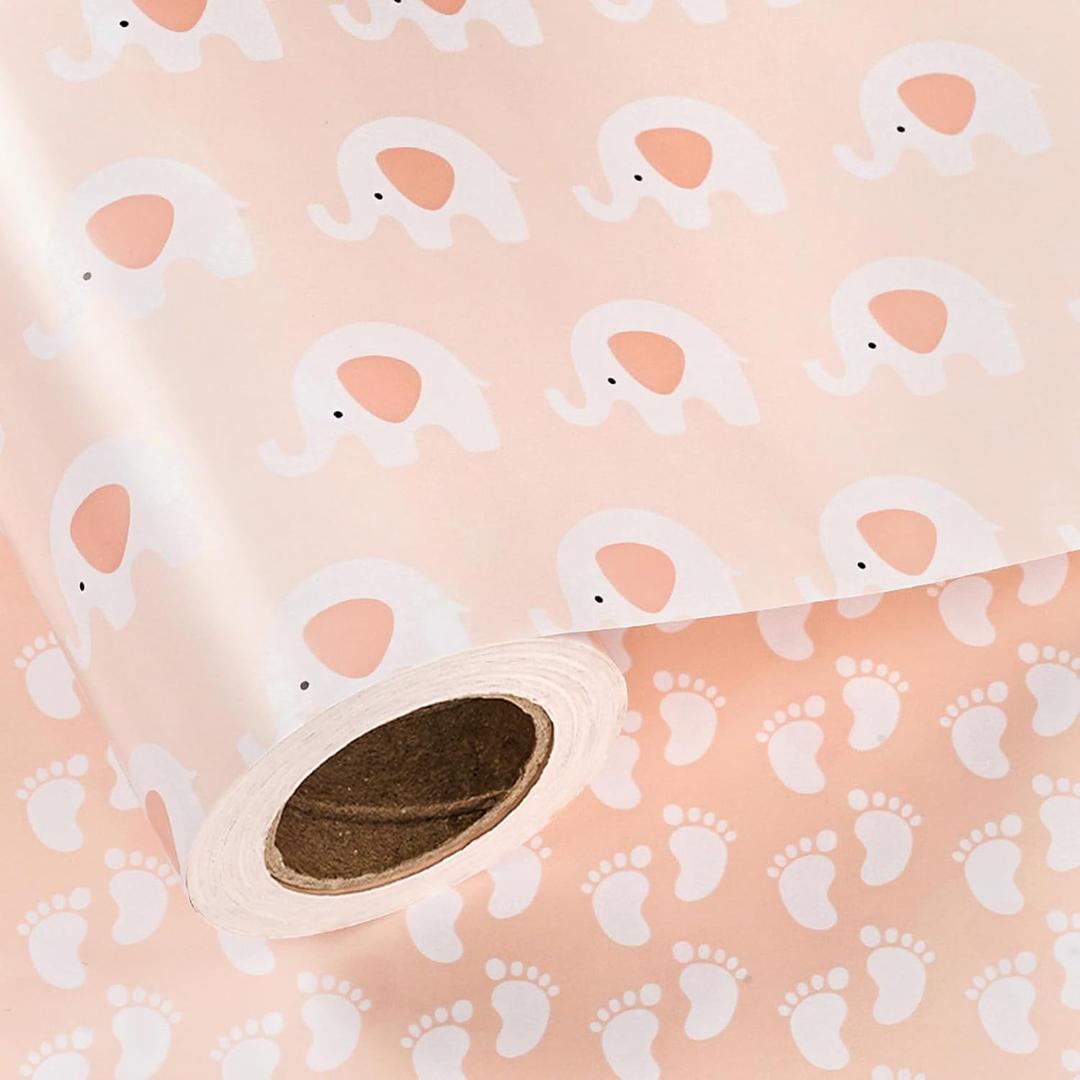LeZakaa Reversible Baby Shower Wrapping Paper - Jumbo Roll - Elephant & Footprint in Pink for Baby Girl - 24 inches x 100 Feet (200 sq.ft.)