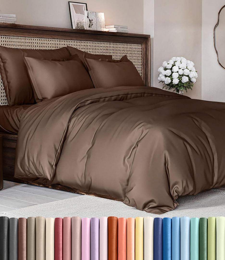 Duvet Cover Full Size Set - Extra Soft Full Duvet Cover 80" x 90" with 2 Pillow Shams - Hotel Luxury, Easy Care and Fade Free w/ Zipper Closures & Ties - All Season, Comfy, Cozy & Breathable (Brown)