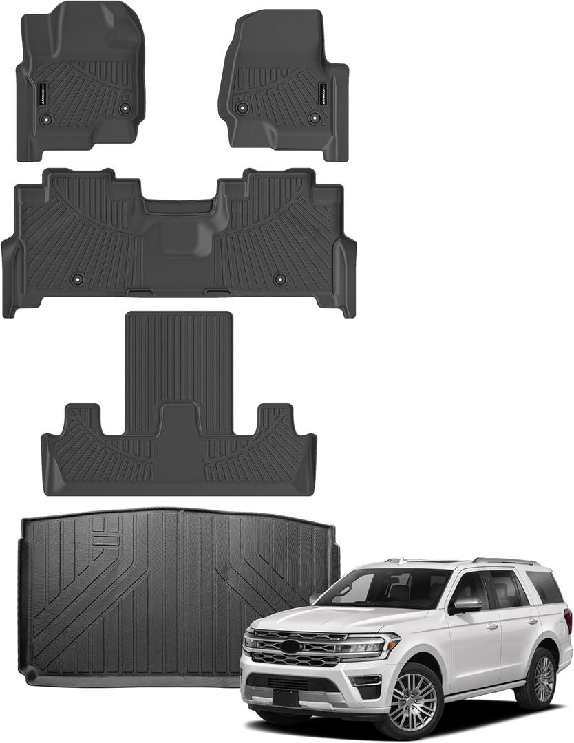 AUXKO All Weather Floor Mat & Cargo Mat Fit for 2025 2024-2018 Ford Expedition MAX 7 Seat 2nd Row Bucket Seat TPE Liner Accessories All Season Guard Odorless Anti-Slip Black