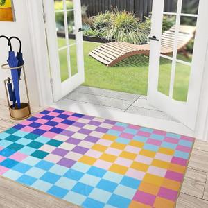 Multicolored Checkered Rug 2x3 Small Modern Aesthetics Washable Non-Slip Checkerboard Rug Indoor Entrance Carpet for Entrance Bedroom Kitchen Bathroom