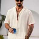 Mens Crochet Shirts Summer Fashion Knit Mesh Button Down Casual Cuban Top (S-XXL) (Beige, XL)