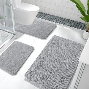 OLANLY Bathroom Rugs Sets 3 Piece, Soft Absorbent Chenille Bath Mats and U-Shaped Contour Toilet Rug, Quick Dry, Home Decor Accessories, Bath Mat Set for Bathroom (36"x24"+24"x16"+24"x20", Light Grey)
