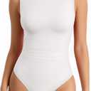 MANGOPOP Women's Tank Top Mesh Ruched Bodysuit Boat Neck Double Lined Sleeveless Thong Body Suit Going Out Summer Tops (White, XS)