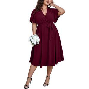 SCOMCHIC Womens Plus Size Wedding Guest Cocktail Midi Dress Summer Short Sleeve Wrap V Neck Belted A-Line Flowy Dress (Burgundy) XL