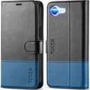 TUCCH Case Wallet for iPhone 16e 6.1", [RFID Blocking] [4 Card Holders] Stand Magnetic Closure Protective [TPU Inner Shell], PU Leather Cover Compatible with iPhone 16e, Black&Light Blue