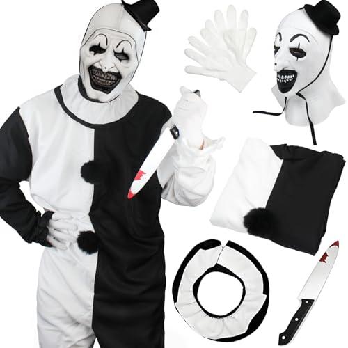 QIHUACOSPVC Halloween Clown Costume Black and White Clown Jumpsuit Outfit With Mask Accessories Set (Full-face, 110)