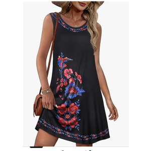 Summer Dresses for Women Beach Boho Sleeveless Vintage Floral Flowy Pocket Tshirt Tank Sundresses, M