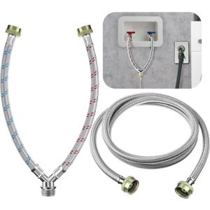 Dreyoo Y Mixer Hose Connector with Washing Machine Hose, 1FT Hot and Cold Water Supply Splitter and 6FT Washing Machine Connector (Silver,Stainless Steel)