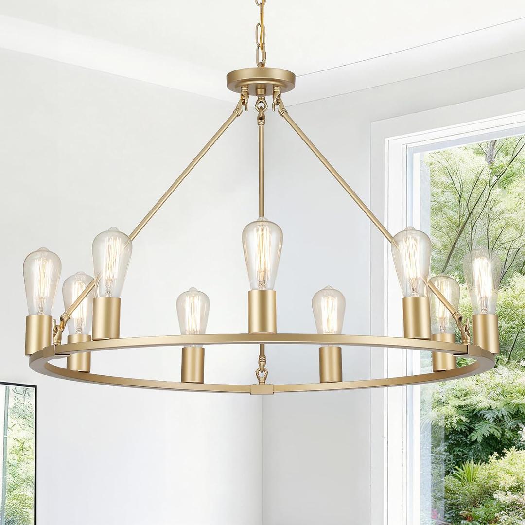 9-Light Dia 32" Gold Wagon Wheel Chandeliers for Dining Room Light Fixture | Farmhouse Chandelier for Living Room Kitchen Island Foyer, Hanging Lighting, Height Adjustable, Inclinable Installation, D32'' 9-Light