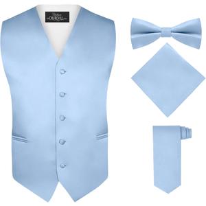 S.H. Churchill & Co. Men's 4 Piece Vest Set, with Bow Tie, Neck Tie & Pocket Hankie - Light Blue, Size M