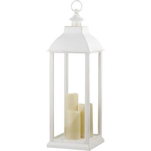 Alpine Corporation 28" Tall Indoor/Outdoor Candlelit Battery-Operated Lantern with Flickering Warm White LED Lights, Large - White