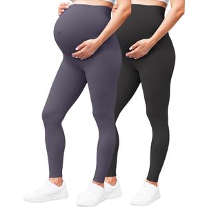 Women's Maternity Leggings Over The Belly - Ultra Stretchy Soft Bump Support Workout Activewear Yoga Pregnancy Pants (2 Pack-black/Leaden Grey)