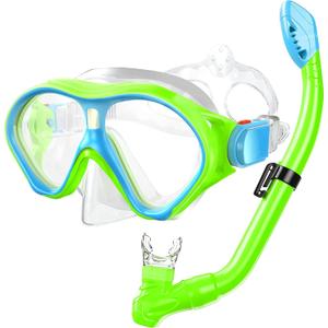 Gintenco Kids Snorkel Set, Diving Mask for Children as Unisex Kids Swimming Goggles, Anti-Fog Diving Mask and Dry Top Snorkel Combo Set for Junior and Youth (Green/Blue)