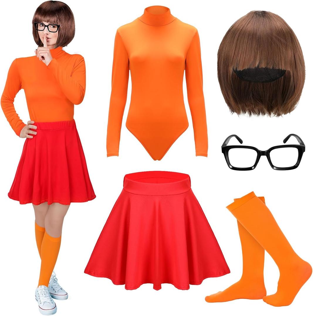 Hercicy Adult Orange Costume, Bob Wig Turtleneck Bodysuit Skater Skirt Glasses Socks Set for Women Cosplay (Large)