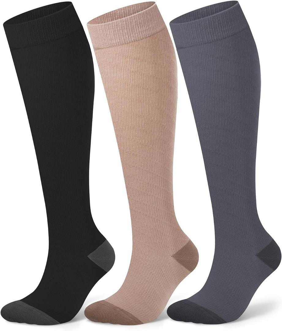 Compression Socks for Women 15-20 mmHg, Viscose from Bamboo, 3-Pair Knee High for Flying, Work & All-Day Comfort (L)