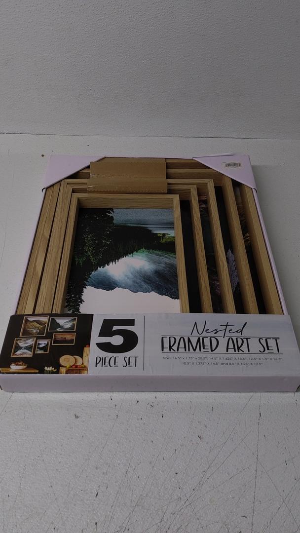 5 Piece set Nested Framed art Set Size: 12.5"x 1.75"x 20.5", 14.5" 18.5", 12.5"X 16.5", 10.5" X 1.375"X 14.5" and 8.5" X 1.25"X 12.5"