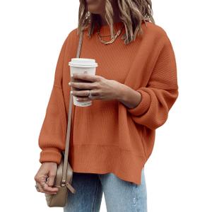Imily Bela Womens Oversized Tunic Sweaters Fall Slouchy Long Sleeve Ribbed Knit Side Slit Pullover Jumper (Orange)