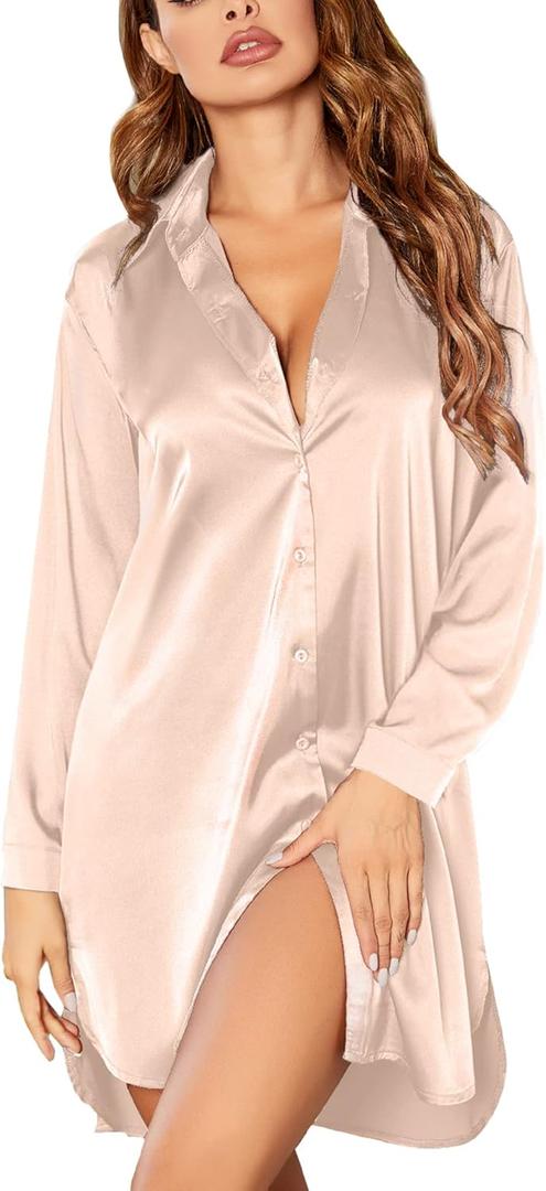 Ekouaer Satin Nightgown for Women Button Down Silk Sleepshirts Sexy V Neck Night Gown Long Sleeve Night Shirts 3XL (Champagne)