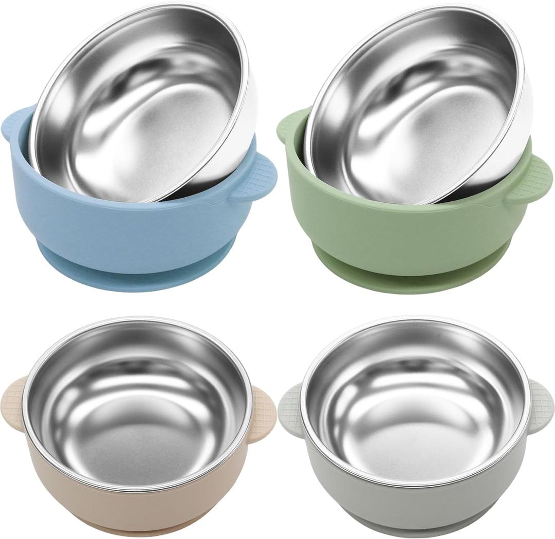 4 Pack Stainless Steel Baby Bowls with Suction, 2-in-1 SUS304 Toddlers Bowl & Removable Silicone Suction Kids Bowl Anti Scald Non Toxic Snack Container for Baby Food Feeding, Width 5.5" / 14cm, Height 2.1" / 5.5cm