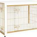 DWANTON Dog Crate Furniture with Cushion, Wooden Kennel Table with Double Doors, Indoor Dog House, Large Size, 38.5" L, White (38.5"L x 25.6"W x 26.8"H, White+Gold)