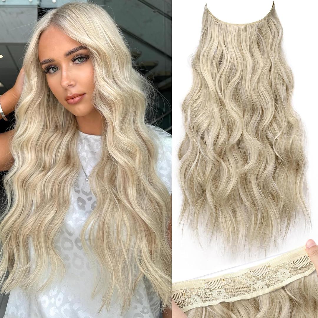 KooKaStyle Invisible Wire Hair Extensions with Transparent Headband Adjustable Size 4 Secure Clips Long Wavy Secret Wire Hairpiece Light Brown mix Platinum Blonde 24 Inch for Women