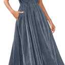 Women's Nursing Short Sleeve V Neck Velvet Maxi Dress Flowy Wedding Party Dresses with Pockets (Medium, Greyblue)