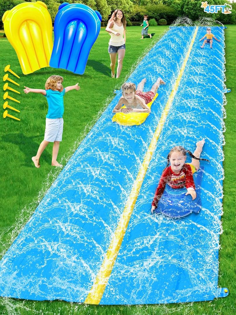 iGeeKid 45Ft Huge Slip and Water Slide with Sprinkler, Heavy Duty Lawn Waterslide for Kids Adults, Extra Long Double Lane Water Toys n Slides with 2 Bodyboards Backyard Lawn Summer Outdoor Water Toys