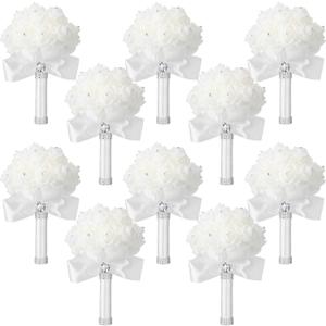 Jutom 10 Pieces Wedding Bouquets for Bride Roses Bridesmaid Bouquets for Wedding Hand Holding Bridal Bouquets for Bride Bouquet with Diamond Soft Ribbons for Engagement Church Party (White)