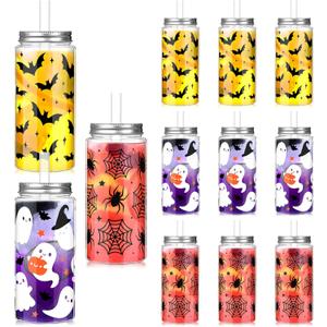 12 Sets Halloween Cup Gifts 14.2 oz Ghost Pumpkin Plastic Cup Tumblers with Lid Straw and Bow Reusable Coffee Mug for Halloween Kitchen Party Supplies(Simple Style)