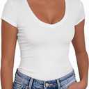 PALINDA Women's V Neck Fitted Shirts Basic Casual Stretchy T Shirt Short Sleeve Summer Tops (Large)
