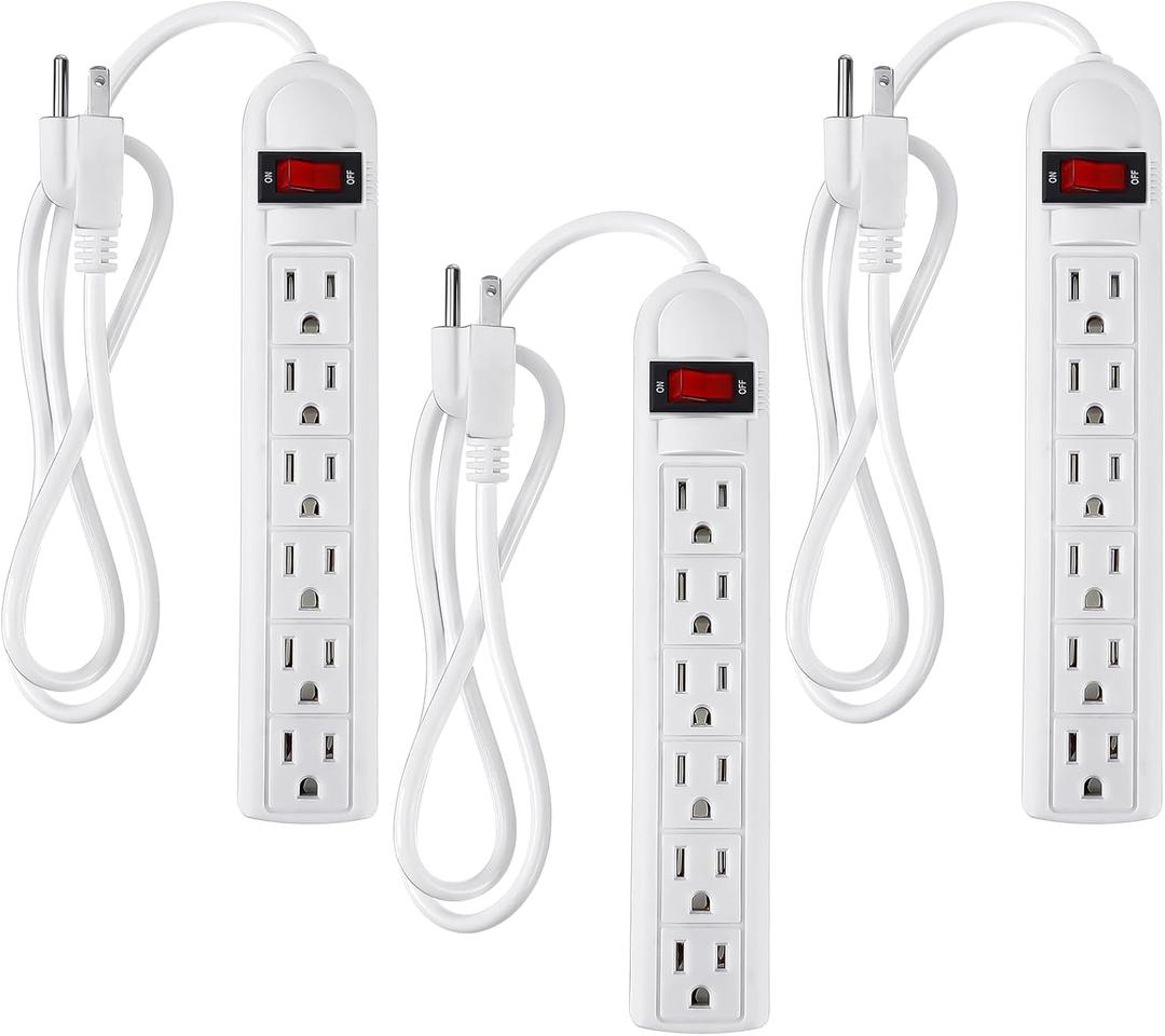 3 Pack 6 Outlet Power Strip Surge Protector 4 ft Flat Plug Surge Protector Profile Flat Plug Overload Power Strip Protection for Home Office(White)