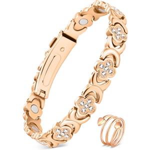 Feraco Pure Copper Bracelets & Rings for Women, Ultra Strength Magnetic Bracelet for Women with Neodymium Magnets & Sparkling Cubic Zirconia, Adjustable, Infinite Clover Jewelry (Rose Gold)