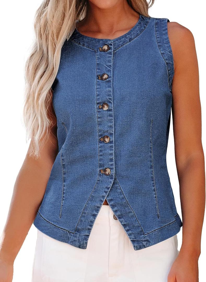 luvamia Denim Vest for Women Sleeveless Strechy Jean Vest Top Button Down Crewneck Casual Summer Western Waistcoat (XX-Large, Medium Blue)