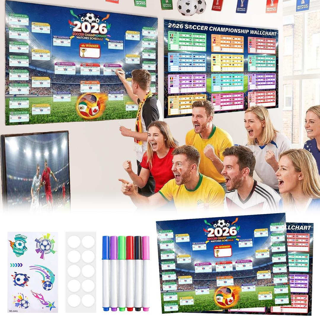 World Cup Schedule Poster 2026, 2 PCS 40.5"28.7" Large Tournament Record Wall Charts Includes Markers, Football Poster Great 2026 World Cup Merchandise Gift for Soccer Party, Home, Office & Bar Decor
