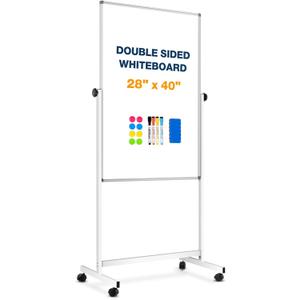 [15 Sq/ft] Large Double-Sided Rolling Whiteboard, 28"x40" Reversible Dry Erase Board with Stand, Magnetic White Board on Wheels, Standing Mobile Whiteboard, School Supplies, Classroom, Office, Home