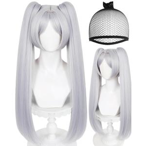 ANOGOL Hair Cap + White Ponytail Wig Women Long Straight Silver Wigs for Cosplay Synthetic Hair Silver Anime Wig with Double Ponytails White Pigtail Wig for Halloween Party Costume Outfit
