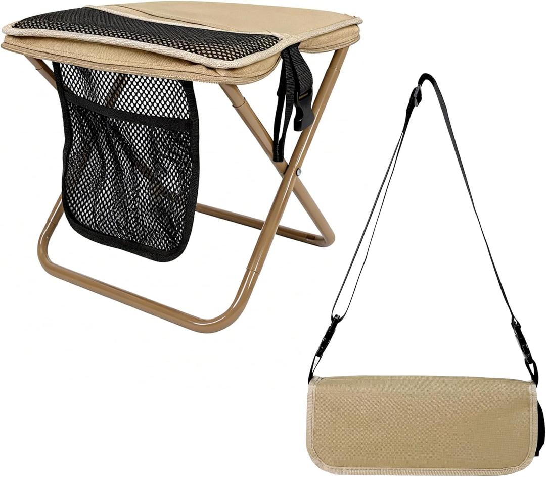 Portable Folding Stool with Pocket, Compact Camping Chair Heavy Duty Supports 260lbs, Lightweight Foldable Stool for Outdoor, Beach, Fishing, Hiking, Backpacking, BBQ, Patio, Garden, Events